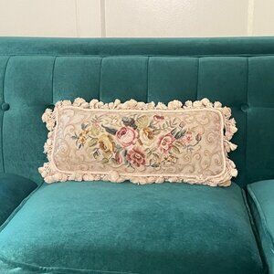 Romantic Medium Long Lumbar Cream Embroidered Roses Pillow & Tassels